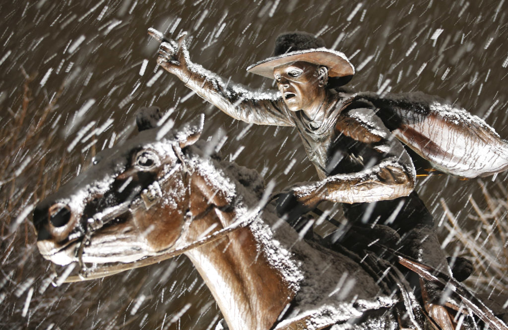 Snow lands on the statue of the Masked Rider on Friday, Jan. 8, 2015, at Texas Tech in Lubbock, Texas. (Brad Tollefson/A-J Media)